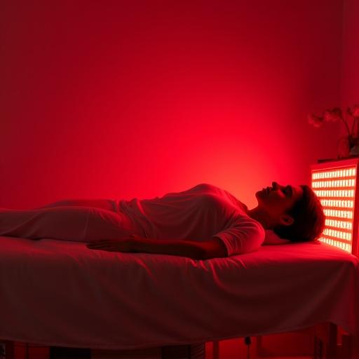 Woman lying on treatment bed under red LED light panels. Panels have visible sensors indicating biomodulation functionality.