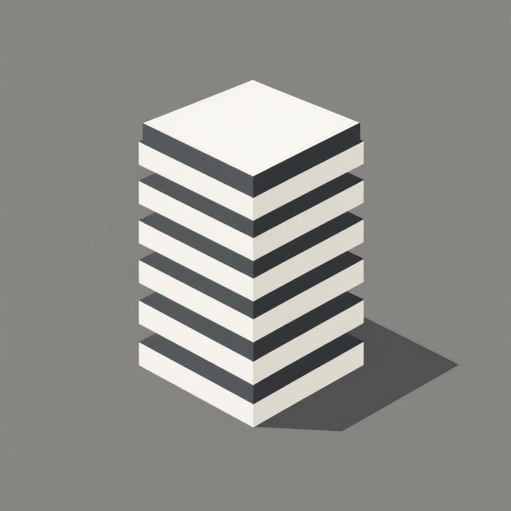 A small minimalist icon depicts stacked horizontal rectangles. Three to five layers indicate building floors. It features clean geometric shapes with sharp edges and a flat design style. The colors are monochrome and neutral. Suitable for digital UI or architectural diagrams.