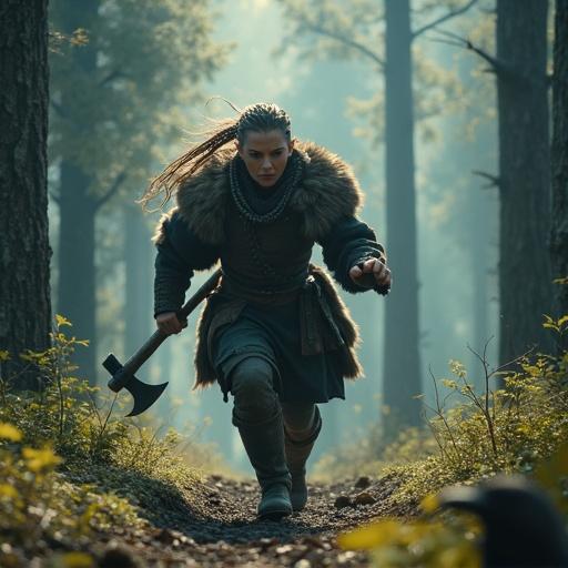 Viking female warrior in a dense Nordic forest with her axe raised. She has braided hair and a determined expression. The atmosphere is tense with sunlight filtering through trees. The scene captures action and strength in a cinematic style.