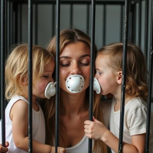 Playful scene of two children engaging with their mother in a light-hearted way. Mother appears humorously trapped behind cage bars. All have oversized pacifiers in their mouths. Children display excitement. Natural setting with warm light.