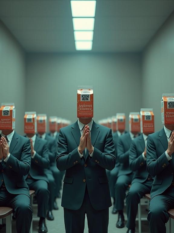 Surreal corporate assembly room with sterile gray walls and uniform lighting. Group of 15 people in formal gray suits. All have hands covering where heads should be. Central figure claps slowly with one hand while the other hand covers head. Name tag reads 'APPROVED WRONG'. Group claps silently in synchronized motion. Abstract mural in background with logos and anatomical diagrams. Dramatic lighting with color contrasts. Milk cartons show wear and details. Tense mood with foggy atmosphere.