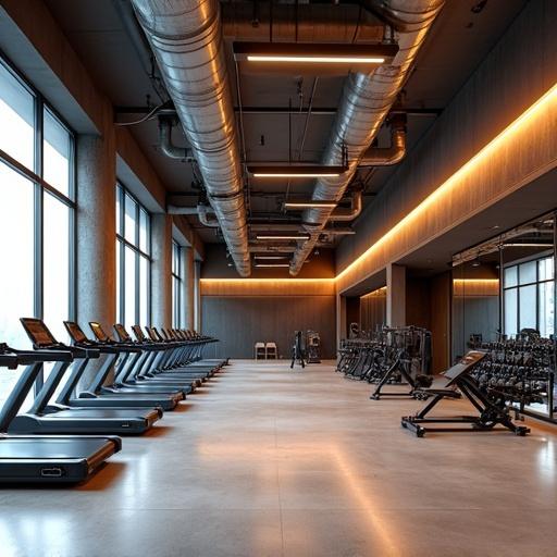 Modern luxurious gym interior with industrial ceiling and warm ambient lighting. Large windows allow daylight in. Mirrors on one side reflect sleek gym equipment. Neatly arranged treadmills bench presses and dumbbells. Stylish pendant lights and LED strips in gypsum ceiling. Clean and high-end fitness atmosphere. Ultra-realistic 3D rendering.