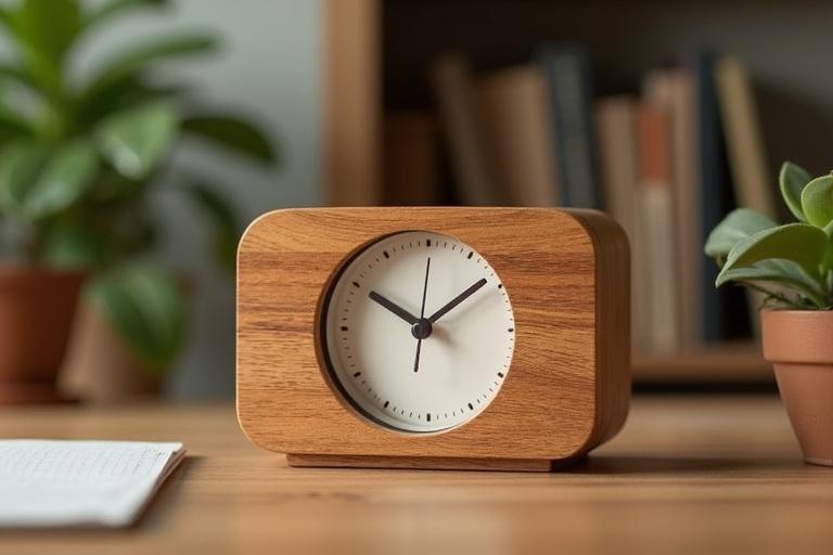 A small teakwood desk clock features a minimalist face. The clock sits on a desk surrounded by books and plants. The environmental style is photorealistic with warm lighting.