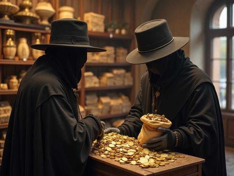 Two figures in black cloaks stand near a table. They look at a bag full of gold coins on a counter. The setting appears to be an old store filled with various artifacts. The atmosphere is mysterious and tense. The characters are wearing hats that obscure their faces.