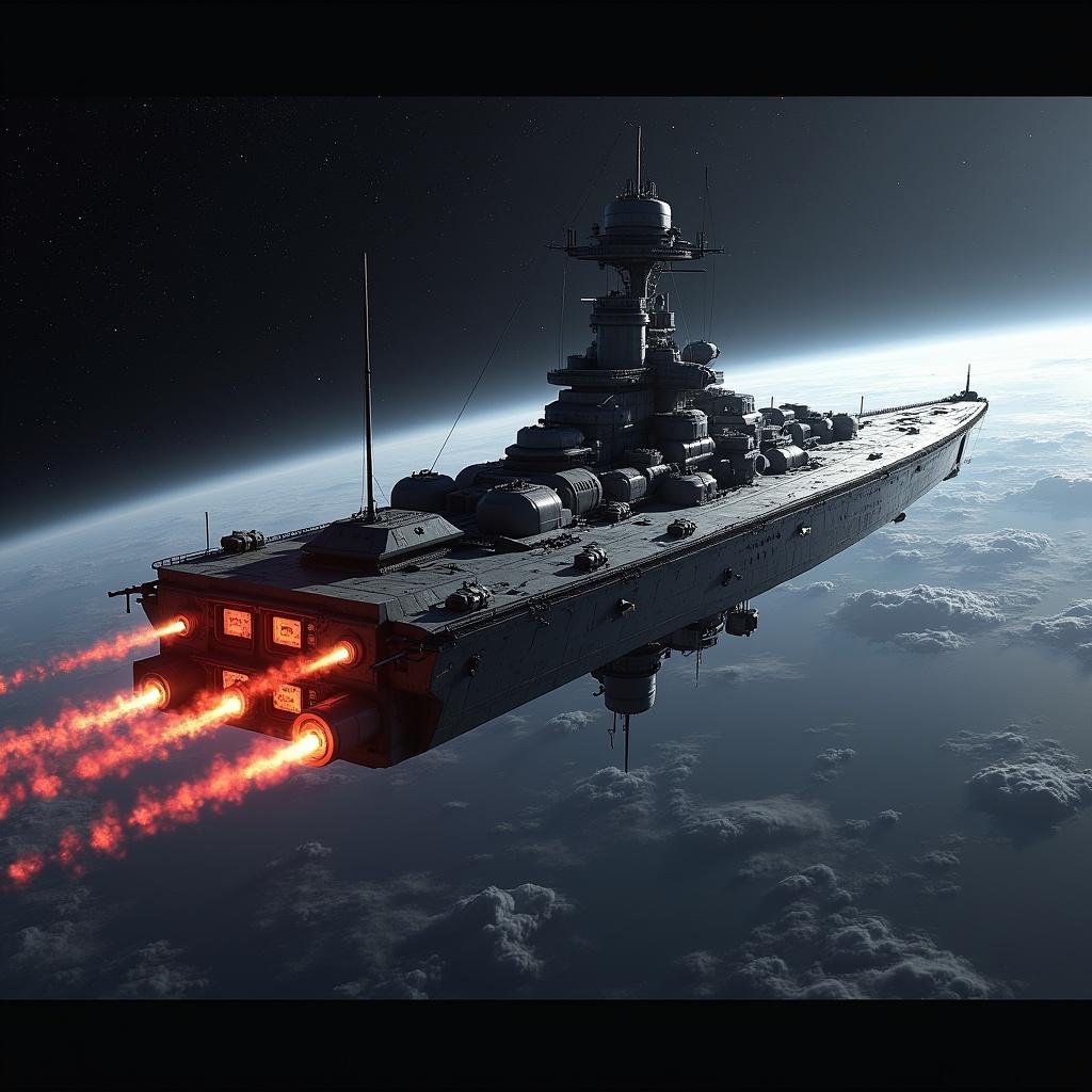 A futuristic sci-fi space opera ship inspired by pre dreadnought battleships. The ship has energy cannons mounted on its broadside. It navigates through space, emitting powerful orange thrusters. The design combines elements of classic naval ships with modern space technology. The ship is positioned against a backdrop of swirling clouds and a visible planet.