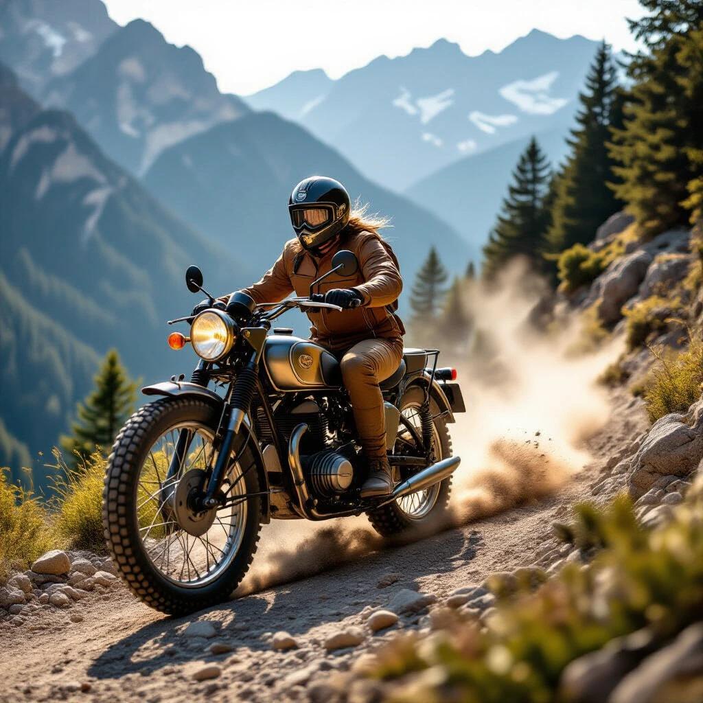 1915 motorcycle Werner on narrow mountain trail. Rocky path with loose stones and dust cloud. Pine forests in misty valleys below. Extreme detail: knobby tires gripping terrain and brass fuel tank reflections. Shot on Hasselblad H6D 100c. Kodak Autochrome color palette. Golden hour light and dynamic motion blur.