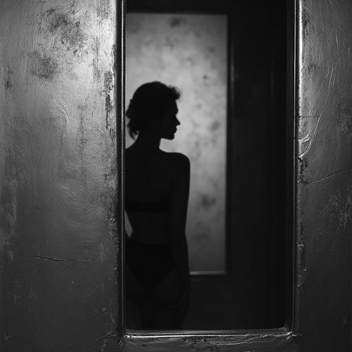 Black and white image featuring a silhouetted figure in a void framed by a wall. Soft lighting highlights a mysterious pose similar to classical elegance. High texture reminiscent of Kodak Tri-X film.