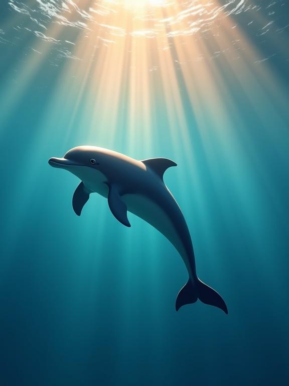 A 3D render of a bottlenose dolphin swimming underwater. The perspective is from below looking up at the surface. Bright sunbeams enter the water, creating light rays. The dolphin's form is sleek and stylized. The ocean water is vibrant and clear, showcasing dancing light patterns.