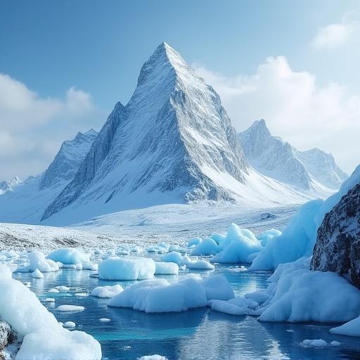 A majestic icy mountain rises sharply into the blue sky. Surrounding the mountain are frozen water pieces, creating a serene frozen landscape. The ground is blanketed with snow and ice. Clouds hover gently above, reflecting the cold atmosphere.