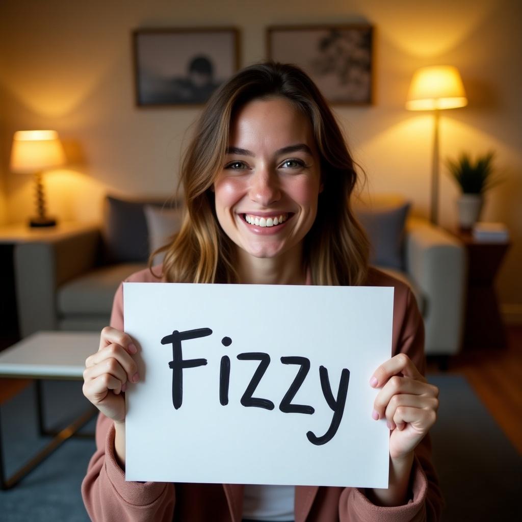 Young woman sitting in cozy living room. Holding white paper with 'Fizzy' in bold black letters. Smiling joyfully. Eyes reflect happiness. Soft lighting creates warm atmosphere. Stylishly decorated living room. Captures moment of personal expression.