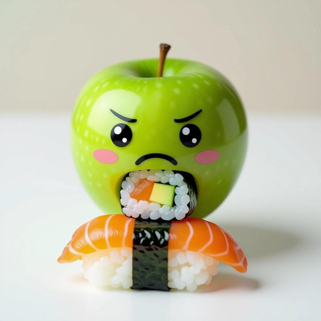 Sad-faced dark green apple consumes a piece of sushi. Sitting on a flat surface. Colors are low saturation.