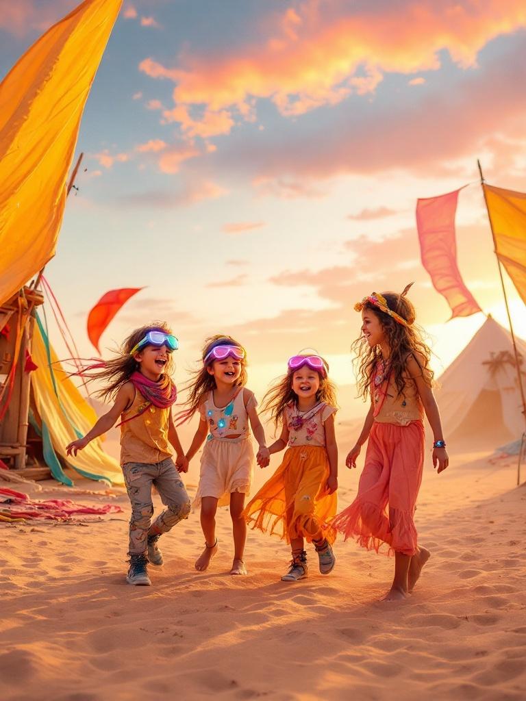 Image shows four adventurous children around four years old in a vibrant desert environment. Scene captures warm sands and a sunset sky. Kids dressed in colorful costumes, joyfully running and playing, wearing playful headbands and light-up goggles. Background features large fabric flags and art installations, creating a whimsical festival spirit.