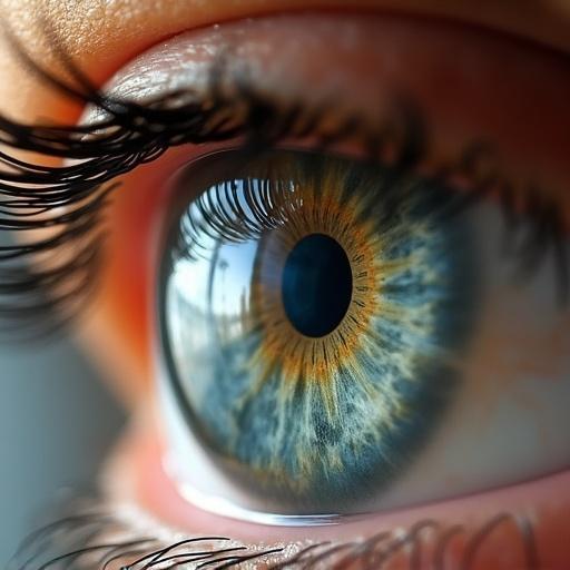 Close-up photograph of a realistic human eye showcasing intricate details and textures. Macro perspective revealing vivid colors and patterns in the iris.