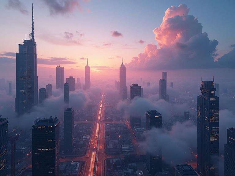 Futuristic city scene during dusk. Skyscrapers tower above with clouds swirling through the city. Soft orange light of the setting sun bathes the buildings. Aerial view captures the beauty of urban life and architecture.