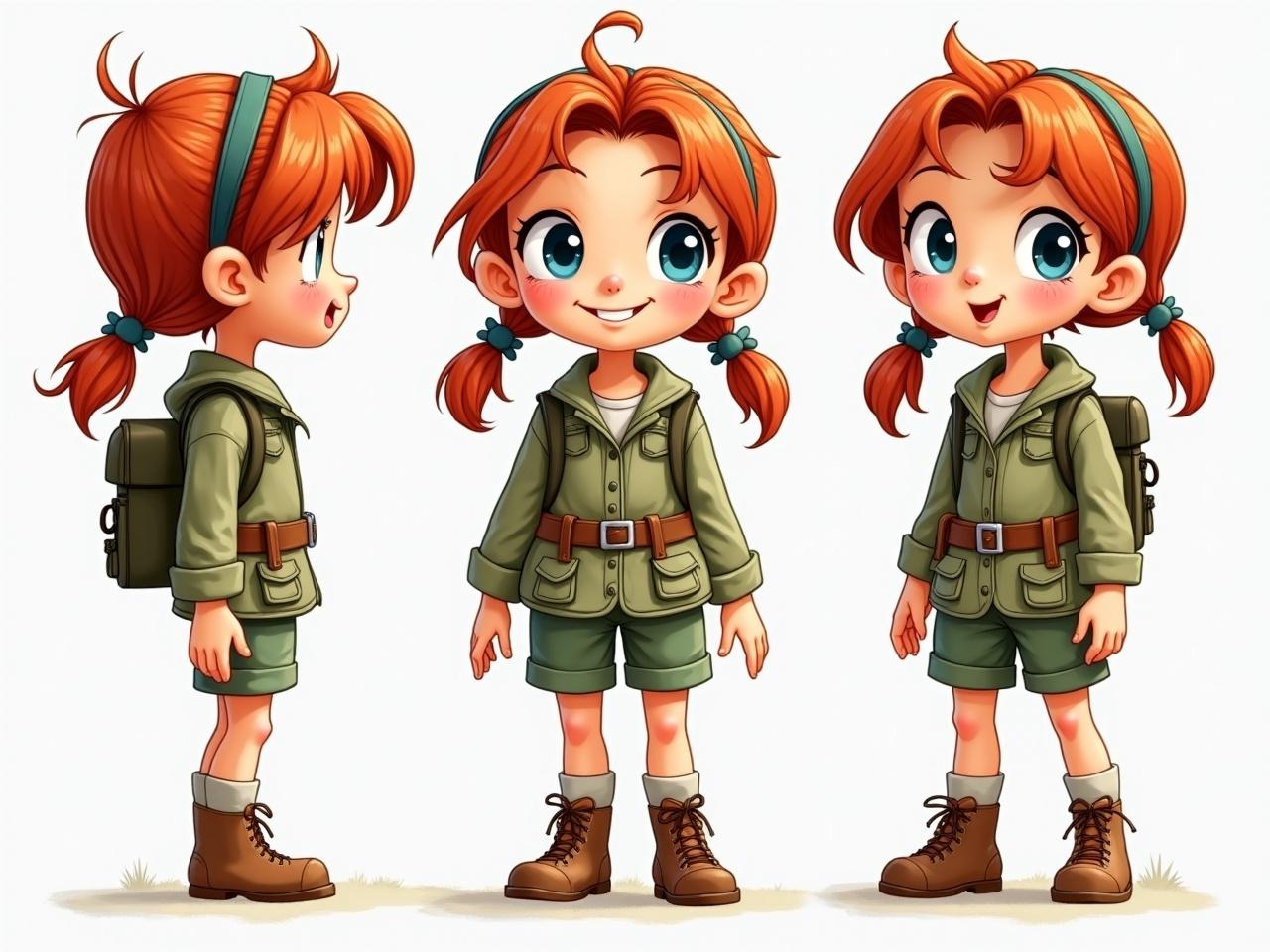 This image features a charming anime-style character design of a young girl in an explorer outfit, depicted from three different angles: side, front, and three-quarter. She has bright red hair tied in pigtails with turquoise elastic bands, and wears a green explorer jacket with matching shorts. Her facial expressions exude a sense of curiosity and excitement, emphasizing her adventurous spirit.