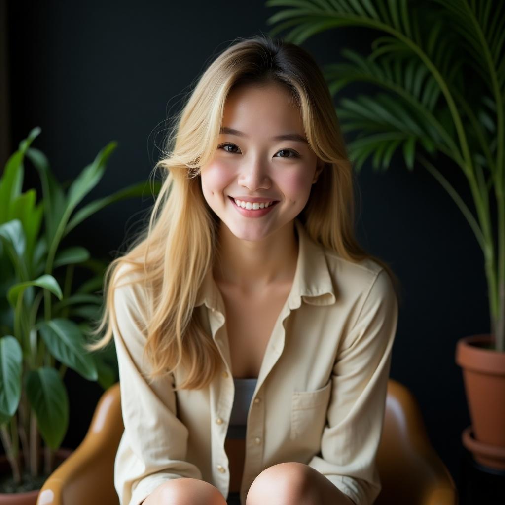 A woman with long blonde hair sitting against a dark background. She smiles while wearing a beige shirt. Background includes indoor plants. Soft, natural lighting emphasizes her cheerful expression. Composition focuses on her front view.