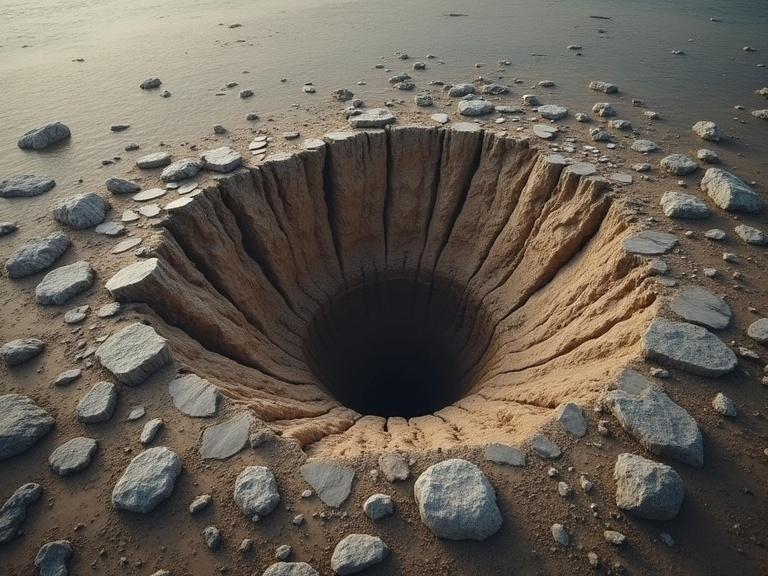 A deep circular fracture with steep sides surrounded by scattered stones. The surface appears dry with subtle textures and shadows.