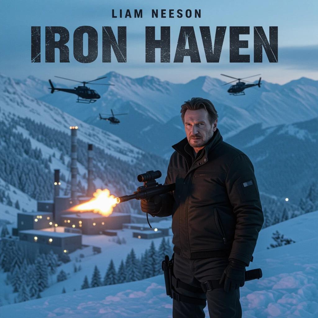 A former contractor stands as the town's final protector during an attack on a mountain power facility. Neeson holds a tactical device and flare. Positioned on a snowy ridge. Rescue helicopters approach.