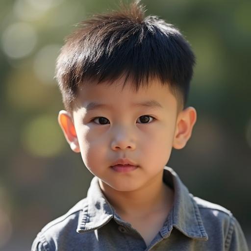 A close-up portrait of a cute Chinese boy with short hair. The boy has a thin build. Natural outdoor setting with soft lighting.