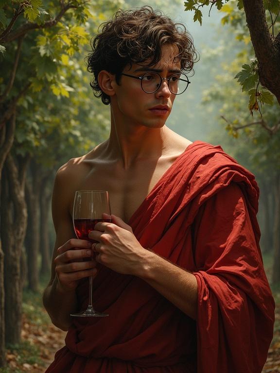 Masterpiece in digital oil painting style. Young man depicted in Greek robes holding a wine glass in vineyard setting. Timid expression. Dynamic lighting effects.