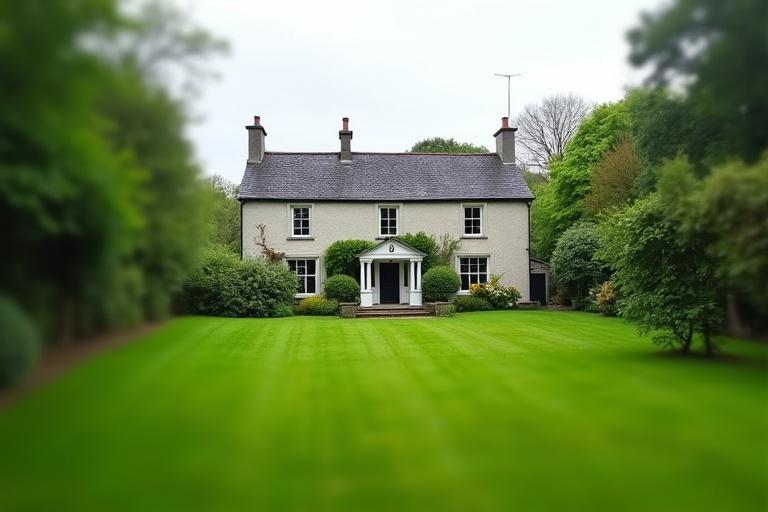 An Irish home with a large green garden. The garden takes up most of the left side. The house is on the left with no greenery on it. The garden occupies the right side. The image is sharp and clear.