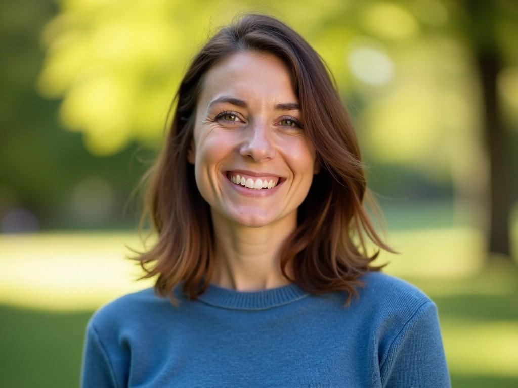 a woman standing outdoors, smiling, sunny day, casual attire, blurred background of greenery