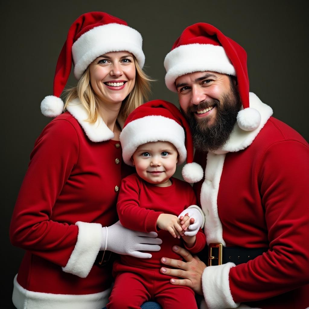 A family gathered together in festive attire. All family members wear bright red outfits with white accents and Santa hats. The scene is warm and cheerful. Capture the essence of Christmas with smiles and togetherness.