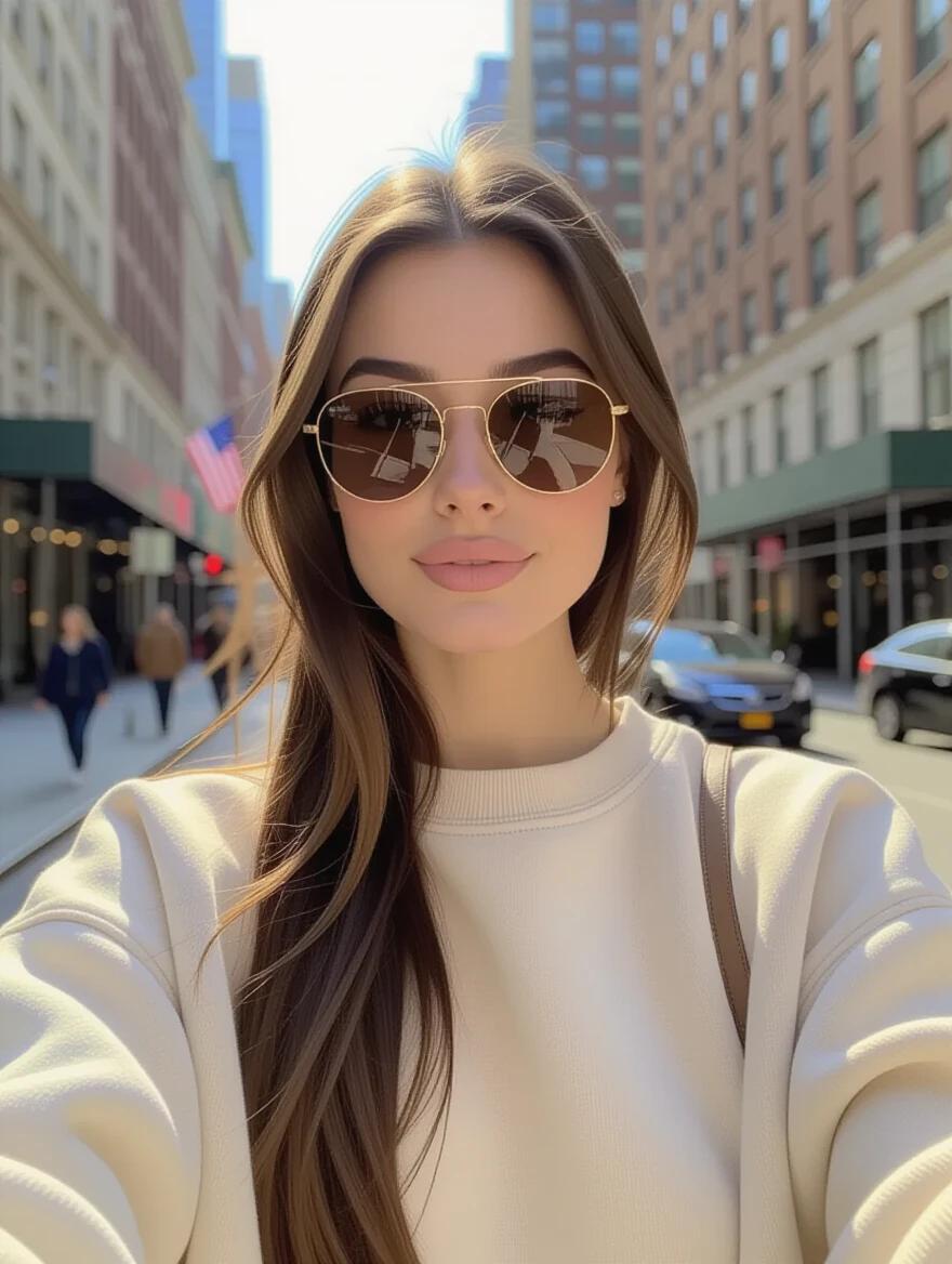 An 18-year-old Swedish woman takes a selfie in New York. She wears a beige sweatshirt and sunglasses. Her light brown hair is in a loose ponytail with strands framing her face.
