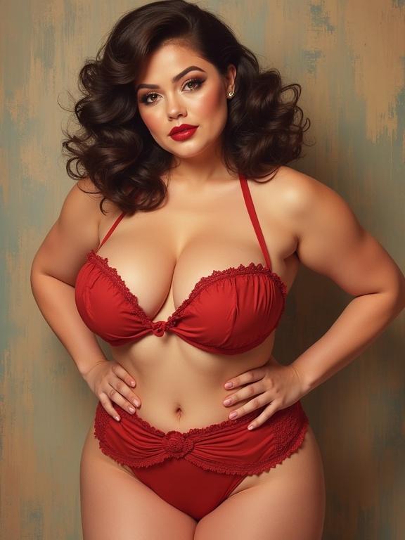 Portrait of a chubby woman in red lingerie with soft curls and glamorous makeup against a textured background.