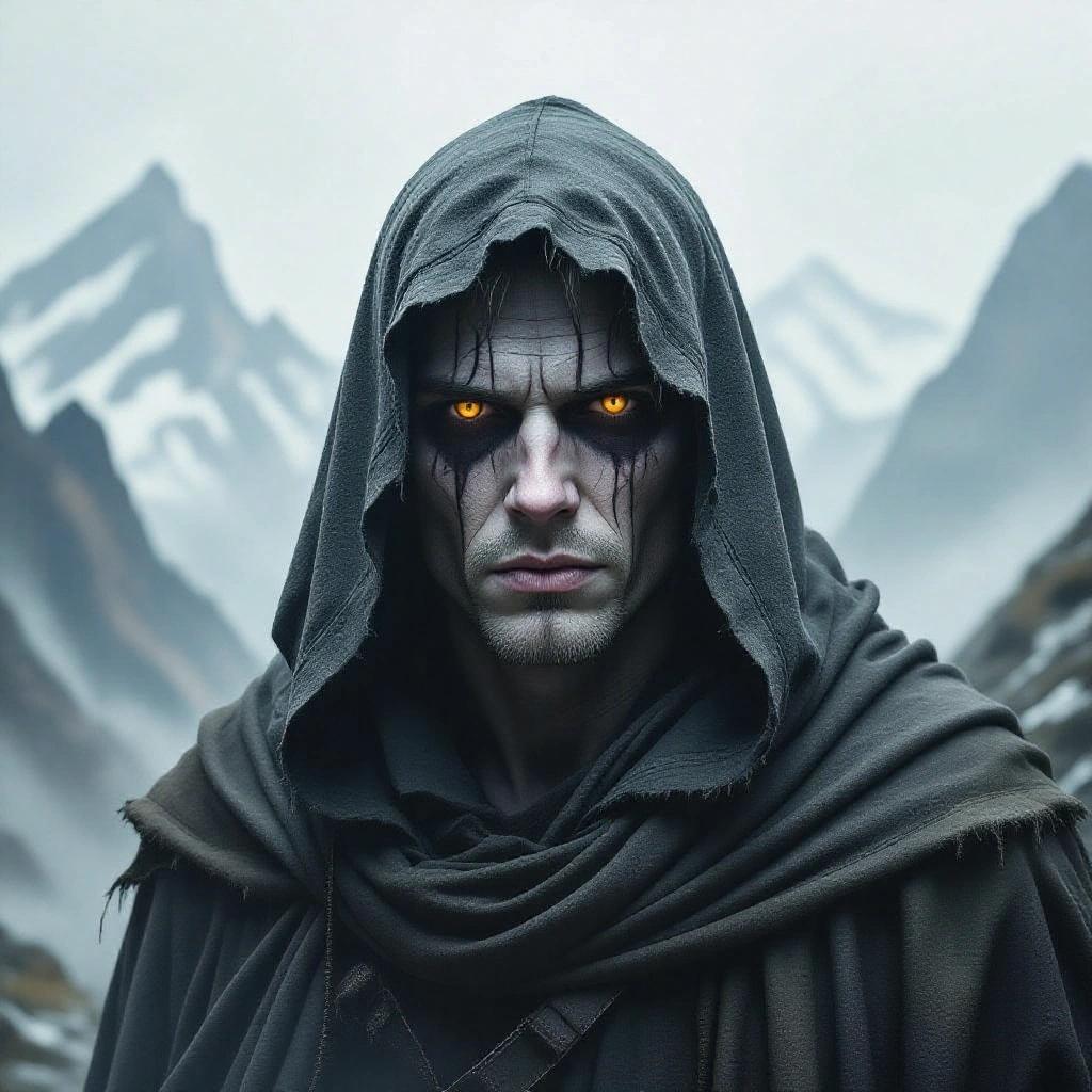 Watercolor style portrait featuring a pale man with lifeless eyes. The man has an emotionless expression and is wearing rags. The background showcases misty mountain peaks and eerie fog with cinematic lighting elements.