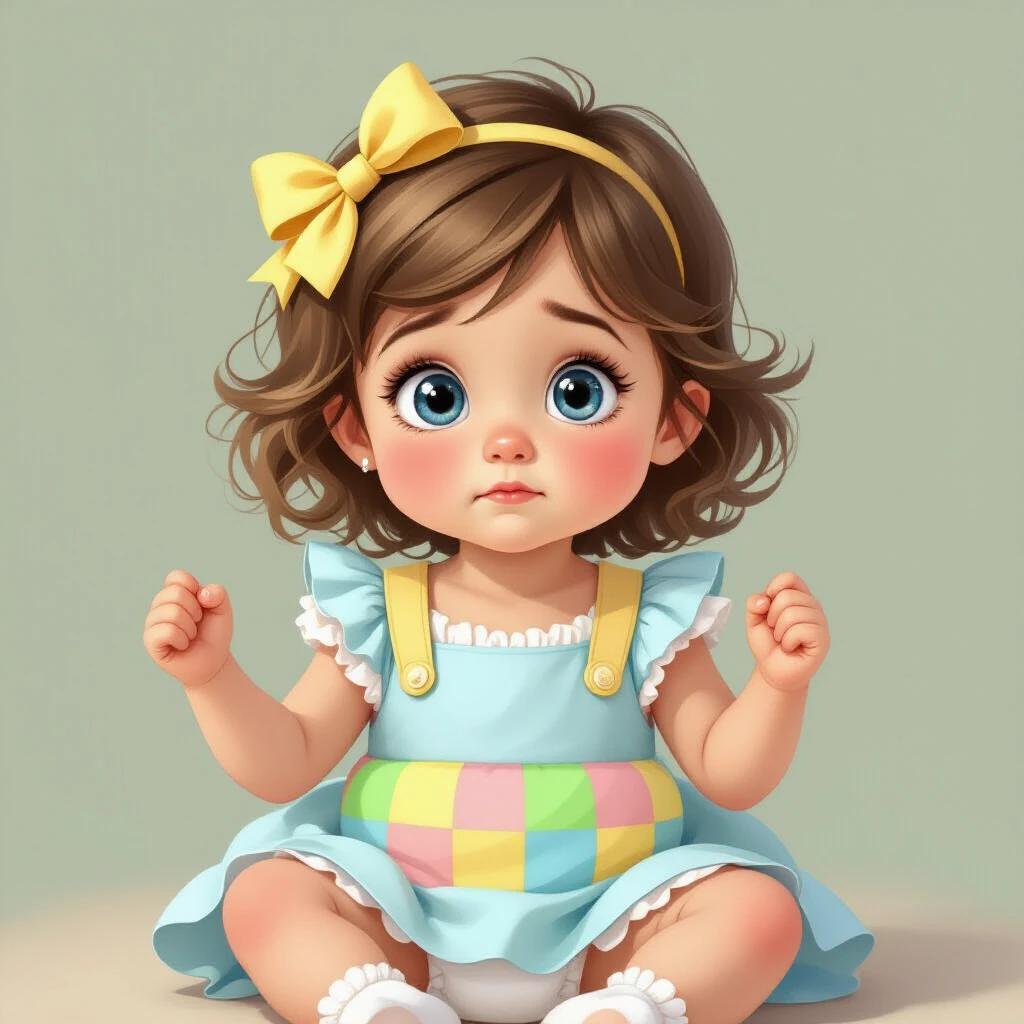 A light-skinned child is depicted in a soft aesthetic. The child is approximately 5-7 years old. She has light brown shoulder-length hair styled with a yellow bow. The child wears a light blue ruffled dress. Under the dress, a white diaper shows pastel blocks. She has clenched fists. The background is a muted pastel palette with soft lighting.