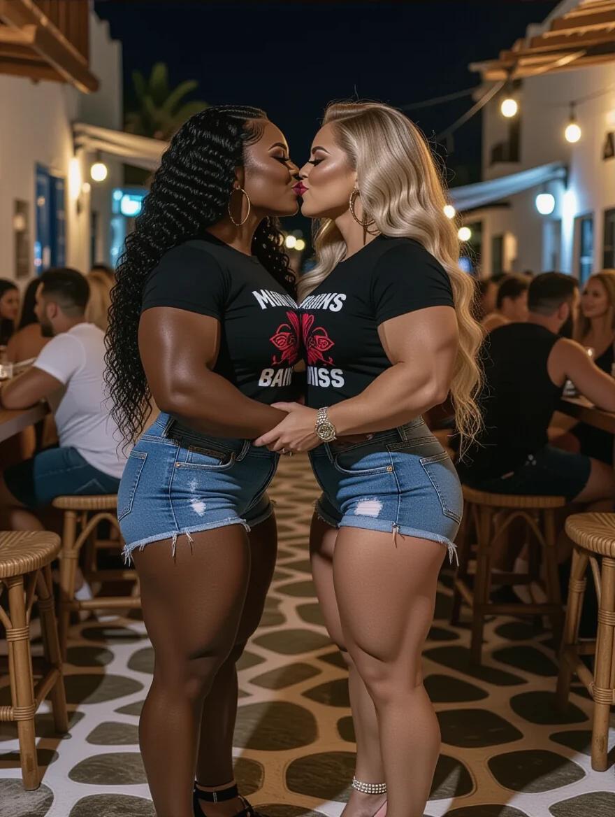 Two muscular women standing side by side in a Mykonos bar. One has long black curly hair. The other has long blonde wavy hair. Both are wearing rock t-shirts and denim shorts. They are embracing each other. A vibrant nightlife setting is visible in the background with people seated.