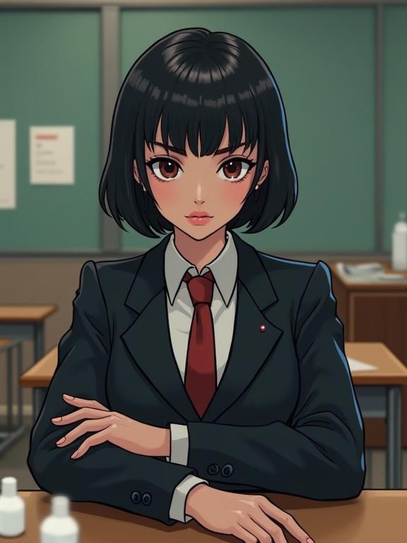 Background features a school desk with white fluids on it. A woman in a teacher outfit sits behind the table. The style is a pinup with a Kidmo Artstyle emphasis.