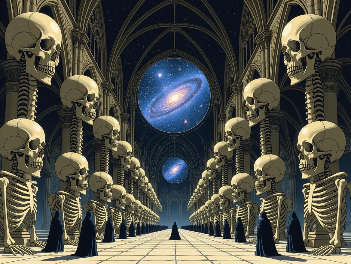 A gothic cathedral made entirely of skeletons. Ribcages arch reveal galaxies. Alien constellations show through skull windows. Hooded figures with multiple eyes perform rituals. Dark surrealism blends with impossible architecture. Depicts distinctive chiaroscuro lighting. Highly detailed visualization.