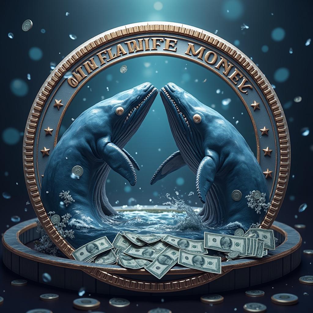 Image features two whales in an octagonal frame. Whales appear to be battling for cryptocurrency. Surrounding them are dollar bills and coins. The design emphasizes the concept of a meme coin.