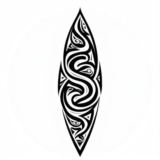 Medium-sized Polynesian tribal tattoo design featuring traditional motifs like ocean waves spearheads tiki eyes fish scales koru spirals. Arranged in a semi-asymmetrical layout with moderate detail. Strong black ink outlines with negative space. Dynamic composition for upper arm shoulder blade calf placement. Style traditional Polynesian semi-minimalist elegant blackwork.
