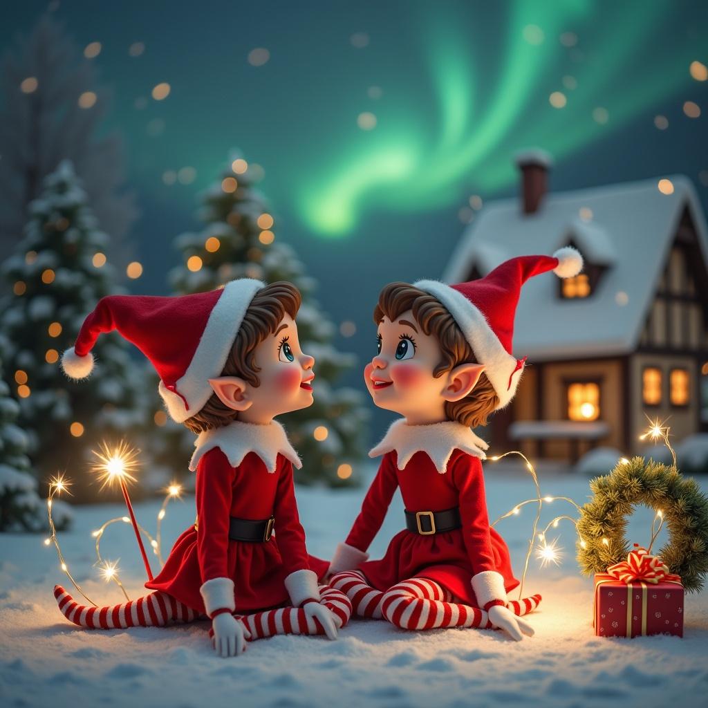 Two cheerful elves sit facing each other with snowy ground and glowing lights around them. Magical winter scene features northern lights and a cozy decorated house. Elves wear red outfits and playful expressions. A wreath and wrapped gift add to the festive atmosphere.