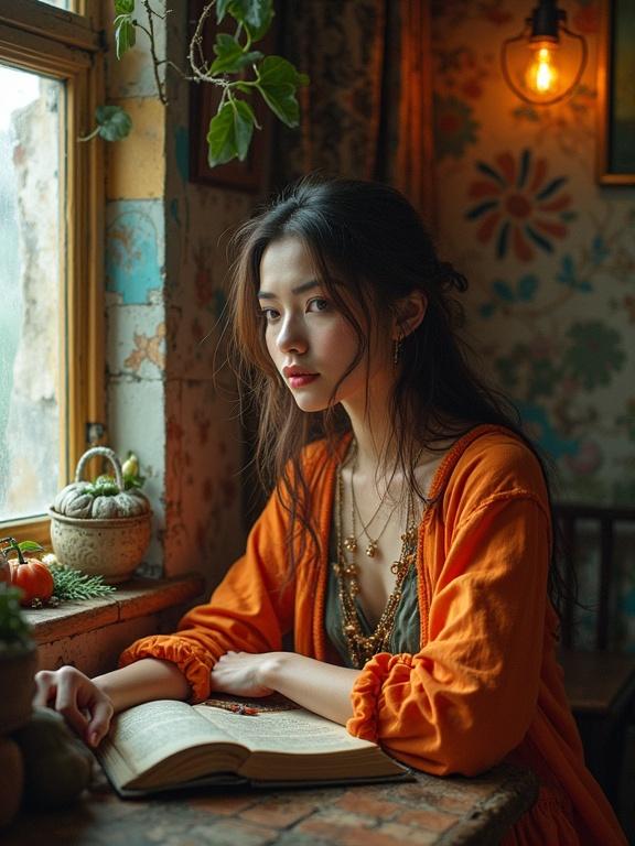 Woman in a vibrant solarpunk setting. Sitting by a window with natural light. Surrounded by plants and a cozy atmosphere. Book placed on the table. Wearing an orange garment. Intricate details visible.