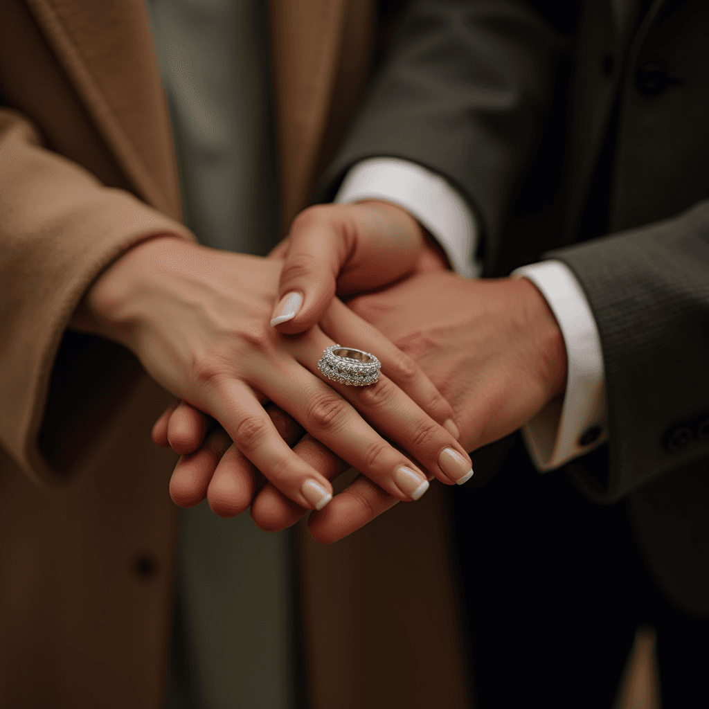 The image features a close-up of two hands intertwined, symbolizing connection and intimacy. A woman’s hand, adorned with a large, ornate diamond ring, rests atop a man’s hand. The setting suggests a formal occasion, with the individuals dressed in elegant clothing, including a tan coat and a dark suit. The focus on the hands and the glistening ring highlights themes of commitment, possibly indicating an engagement or marriage.