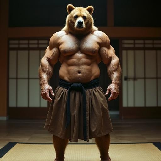 A muscular bodybuilder with a bear head stands in a traditional dojo. He wears a brown aikido kilt and black belt. He has prominent pecs and abs, thick muscles, and hair. Feet are large and toned. The scene has cinematic qualities.
