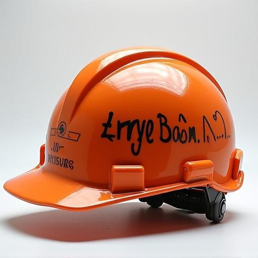 Orange safety helmet for engineers with signature.