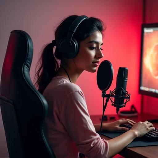 A young woman in a pink top sits in a gaming chair in a YouTube studio. She has headphones on and a microphone in front of her. The background shows high-tech equipment.