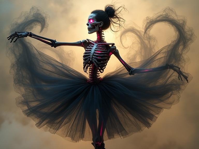 A skeleton ballerina performs a graceful dance. The character has glowing pink eyes. She wears a black tutu that resembles swirling smoke. The tutu transforms into the word 'Boo!' in smokey calligraphy. The ambiance is dreamlike and ethereal, combining beauty with a supernatural theme. Includes elements of gold dust and textured backgrounds.