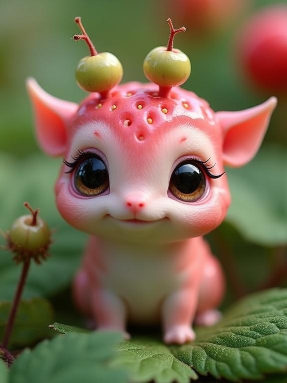 A whimsical creature with berry-like features. Soft pink body with darker pink accents. Large glossy black eyes. Small green berries on head. Situated in a lush green environment with blurred berries.