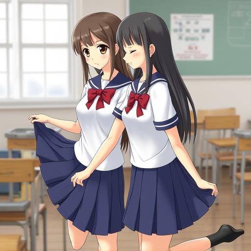 Two Japanese girls in school uniforms in a classroom. One girl lifts her skirt playfully. Bright classroom with desks in background.