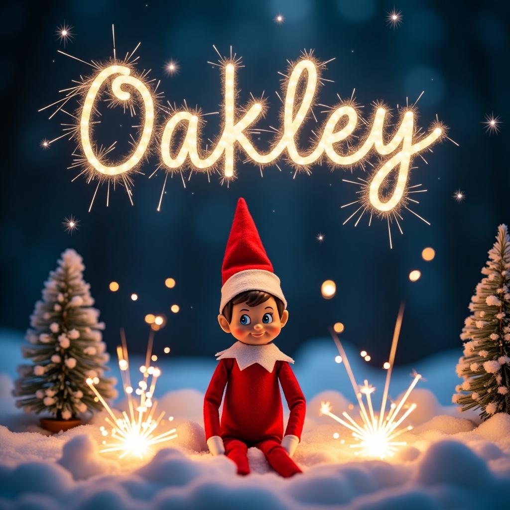 The image features an Elf on the Shelf character sitting amidst a snowy landscape at night. The elf is dressed in a classic red and white outfit, looking cheerful and playful. Above the elf, the name 'Oakley' is created with sparkling letters made of sparklers, glowing brightly against the dark background. Surrounding the elf are small evergreen trees dusted with snow. The scene captures a magical, festive atmosphere perfect for the holiday season.