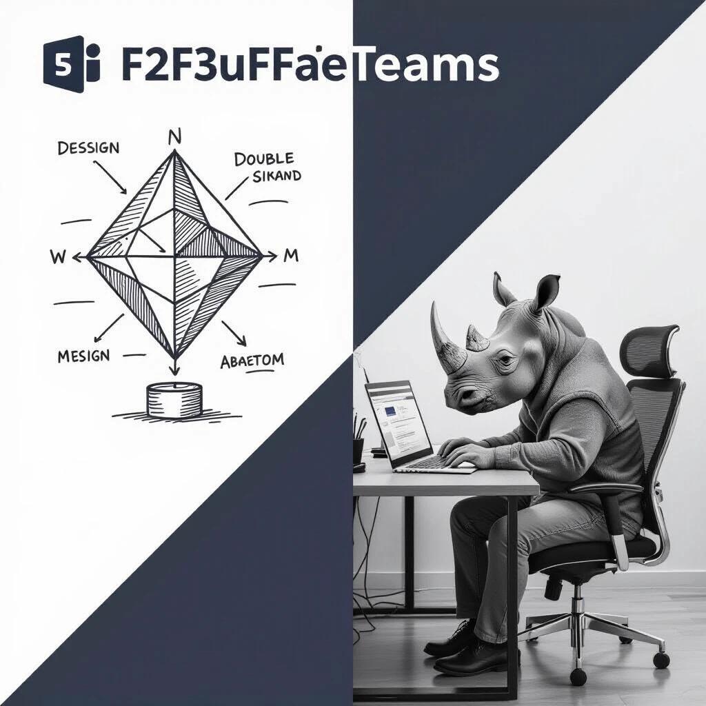 Image features a split design for Microsoft Teams background. Left side shows hand-drawn UX double diamond design. Right side features rhinoceros sitting at desk using laptop. Base color is #F2F3EF. Drawing color is dark charcoal. Both elements have a hand-drawn look.