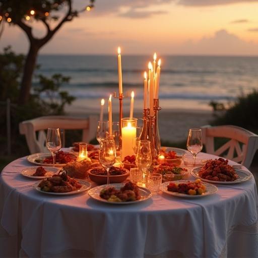 White tablecloth on beach with torches, Filipino food served, sunset backdrop.