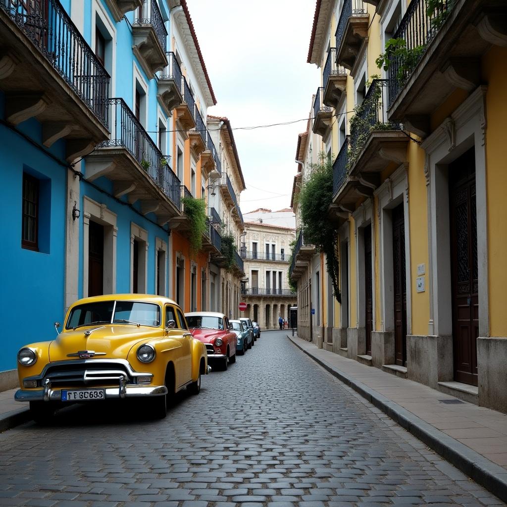 Narrow street with cobblestones features vintage yellow vehicles and old buildings with blue tones