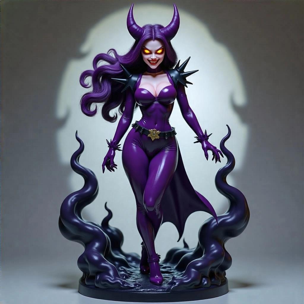 Resin figure with dark purple skin. Female figure has pointed horns and glowing eyes. Wearing tight purple latex suit with spikes. Long hair flows like smoke. Figure in an evil and powerful pose, connected to a smoke base.